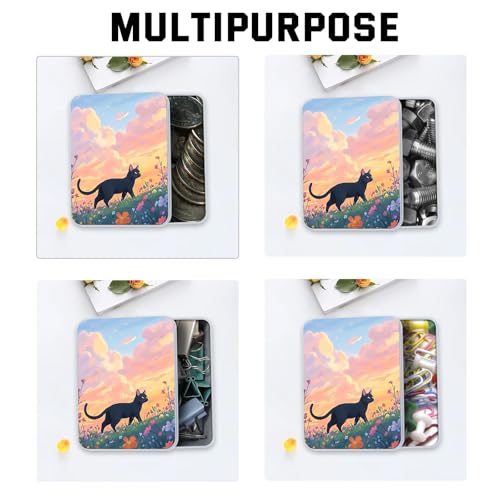 Image of Metal Tin Box with Lid,Multi-functional Storage Large Box Can Store Tea Biscuits Game Cards, Playing & Tarot Cards-Comes with 4 Magnetic Cord Clips,Black Cat in Flower Field