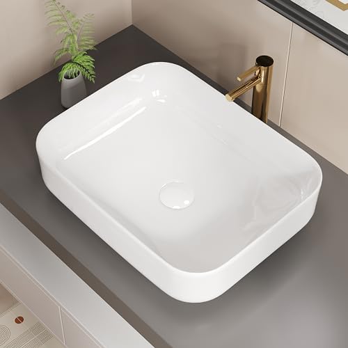 ELLAI Fregadero de baño rectangular de 19.7 x 15.2 x 5.4 pulgadas, fregadero rectangular blanco brillante con drenaje desplegable blanco, fregadero de baño sobre encimera, fregadero de cerámica para