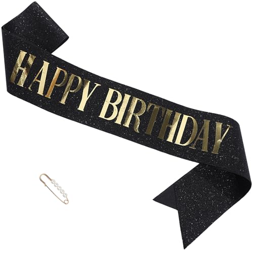 "Happy Birthday" Glitter Sash with Pearl Pin for Women Girls Party Supply Favors (2 Black)