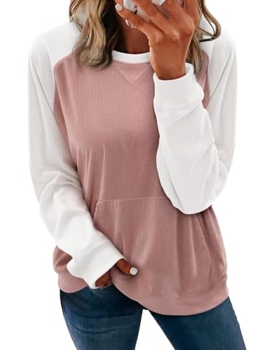 KISSMODA Women's Casual Long Sleeve Sweatshirt Color Block/Solid Crewneck Corduroy Pullover Cute Tops