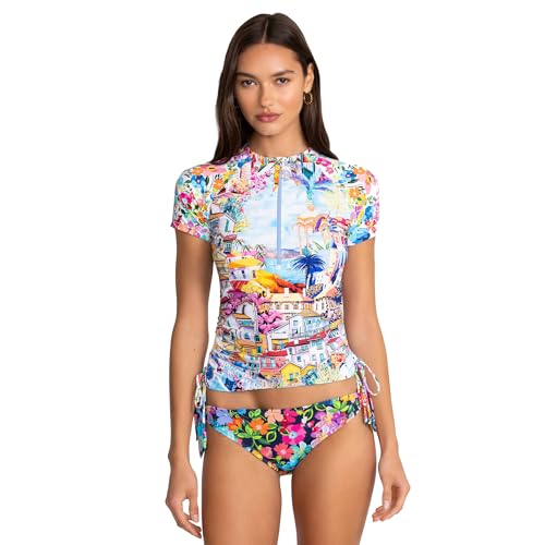 Johnny Was Cannes Drawstring Surf Shirt Short Swim Rush Guard White Blue Top New3