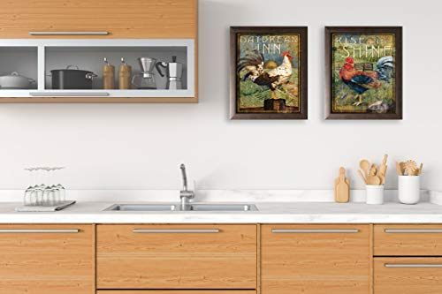 Wallsthatspeak 2 Retro Rooster Rustic Art Prints Country Kitchen Decor, 8 By 10-Inch, Green; Two Ready To Hang Framed Pieces #TOP1