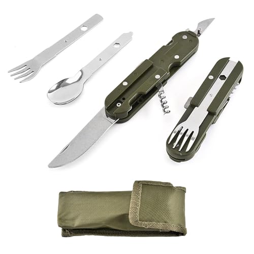 NIYATA Outils de Camping en Plein Air, Couvert Multifonction 5 en 1, Couteau Cuillere Fourchette, Couverts Camping Inox Pliable, Couteau Bivouac, pour Aventures,...