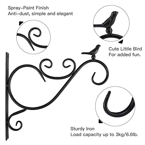 Lewondr Wall Hanging Plant Bracket, 2 Pack 12-Inch Retro Iron Metal Wall Décor Shepard Hook Lantern Wall Hanger For Hanging Plant Flower Bird Feeder Planter Indoor Outdoor, Bird 01 - Spray Paint Black #TOP1