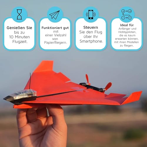 POWERUP 4.0. Smartphone gesteuertes Papierflugzeug Set der nächsten Generation. Einfache Handhabung durch Autopilot Funktion und integriertes Gyroskop. Für alle Hobbyflieger und begeisterten Piloten.