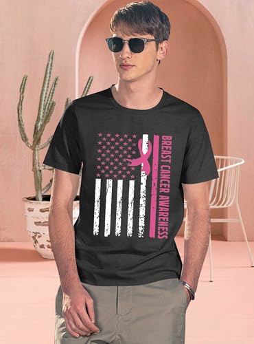 Breast Cancer Shirts for Men: Pink Ribbon Awareness T-Shirt Cancer Fighter Tee Pink October Short Sleeve Tops3