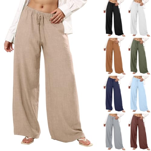 Wide Leg Linen Pants for Women Flowy Summer Pants Elastic Waist Drawstring Palazzo Pants with Pockets Beach Pants