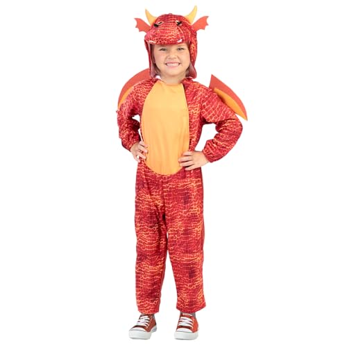 Riethmüller Costume enfant dragon combinaison polaire - Costume de carnaval pour garçons et filles 3-4 ans - Déguisement et costume pour enfant, Rouge/Jaune