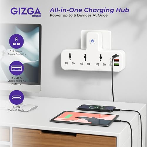 Image of Gizga essentials Power Extension Board: 3 Universal Sockets, 2 USB Ports & 1 Type-C, Surge Protector, Touch-Control Night Lamp, Child Safety, Flame-Retardant Housing, 10A Output, 250V