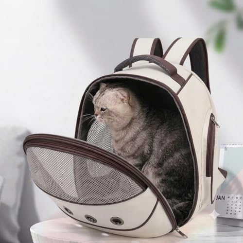 Image of Cawypety Cat Backpack Carrier, Breathable Cat Carrier Pet Backpack for Kitty Small Dog Up to 15Lbs, Transparent & Foldable Pet Carrier for Travel Hiking (White, Brown)