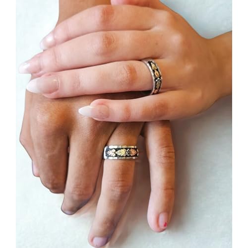 Sterling Silver, 12k Rose and Green Gold Black Diamond-Cut Black Hills Gold Wedding Band, His and Hers Wedding Ring Set4