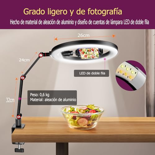 10 '' Luz de Anillo para Escritorio con Soporte y Soporte, luz de Anillo de trípode Superior, luz de videoconferencia con Soporte de Brazo de Escritorio Ajustable para Youtube, TIK Tok - Imagen 5
