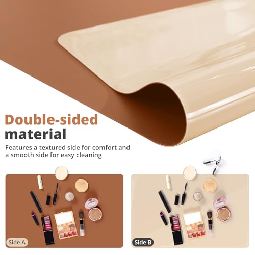 Image of LovePads Makeup Mat for Vanity, 17 x 28 Dual-Sided Desk Pad & Vanity Cover Top, Waterproof PVC Protector Mat for Dresser, Nail Art, Craft Table (Brown+Beige)