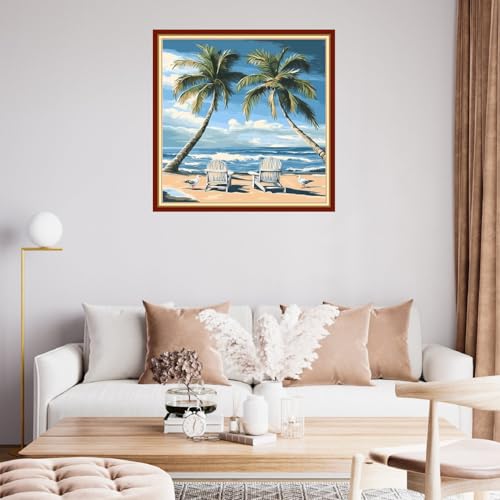 Image of Fanxvivy Stamped Cross Stitch Kits for Beginners Full Range of Cross Stitching Preprinted Embroidery Kits for Adults, 11CT Embroidery Pattern Needlepoint Kits-Coconut Trees by the Seaside 18x18 inch