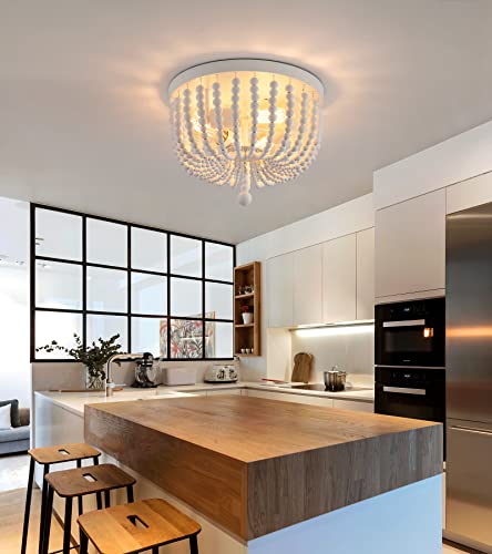 Q&S White Boho Beaded Chandeliers Flush Mount Ceiling Light,3-Lights Small Chandelier Light Fixture for Bedroom,Kitchen,Dining Room,Living Room,Stairway Gazebo - Image 4