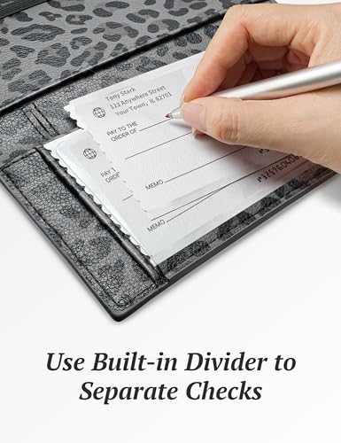 Image of Yarnic Checkbook for Personal Checkbook Holder (Grey Leopard) | Checkbook Covers with Pen Holder & Built-in Clear Plastic Divider for Duplicate Checks