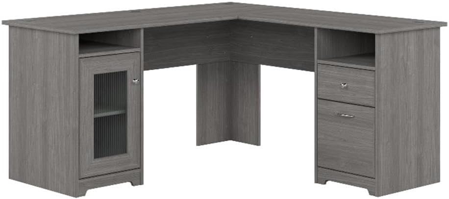 BOWERY HILL Traditional 60W L Shaped Computer Desk, Modern Gray Finish, Durable 200 lb Capacity Desktop, Fluted Glass Door with Adjustable Shelf, File and Box Drawers, Home Office Desk with Storage