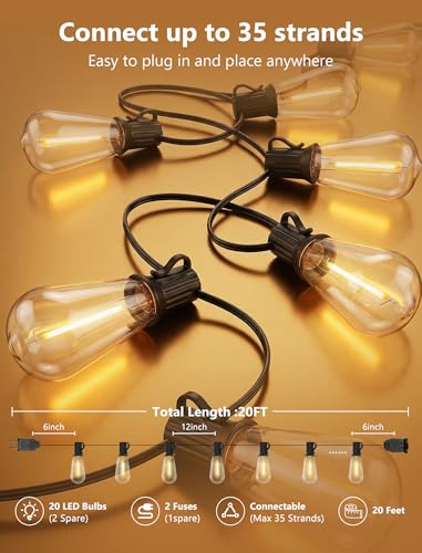 Image of 20FT ST40 LED Outdoor String Lights with 22 Shatterproof Vintage Edison Bulbs, Patio String Lights Waterproof for Backyard Porch Garden Balcony Party Bistro Decorations,2700K Warm White, Black Wire