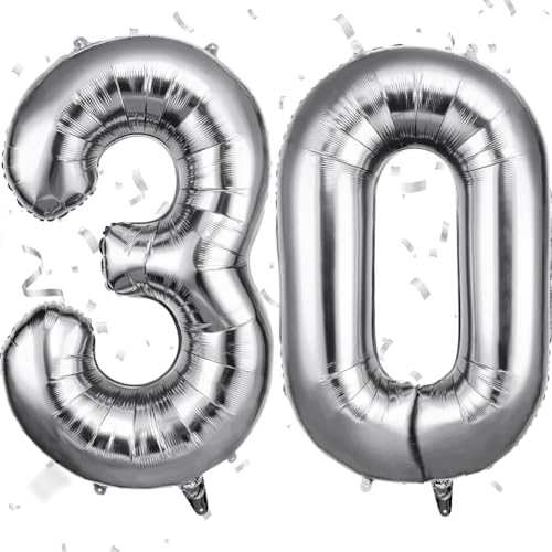 OFFCUP Zahlen Luftballon 30 Geburtstag Silber Folienballon Zahl 30 40 Zoll Helium Ballons Riesen 101cm Geburtstag Mädchen Junge PartyDeko Ballon Zahl Deko zum Jubiläum Neujahr Hochzeit