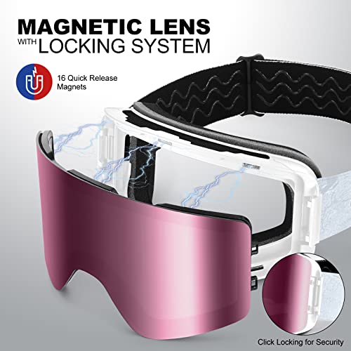 Odoland Ski Goggles Set With Detachable Lens, Frameless Interchangeable Lens, Anti-Fog 100% Uv Protection Snow Goggles For Men And Women, Helmet Compatible - White Frame Pink Lens Vlt 25% #TOP1