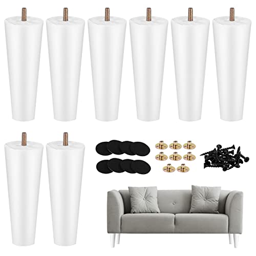 Ruisita 8 Pieces Furniture Couch Legs 6 Inch Round Solid Wood Sofa Legs Natural Wooden Couch Legs Replacement Legs For Armchair, Cabinet, Chair, Footstool, Mid Century Modern Dresser, White #TOP6