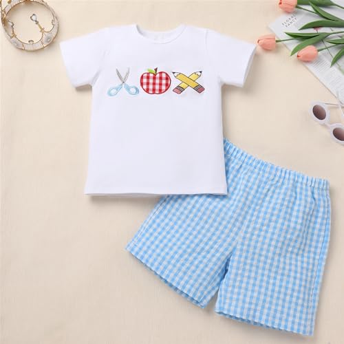 Image of OBEEII Back to School Outfit Toddler Boy Short Sleeve Graphic Shirt Gingham Shorts First Day of School Summer Clothing Set