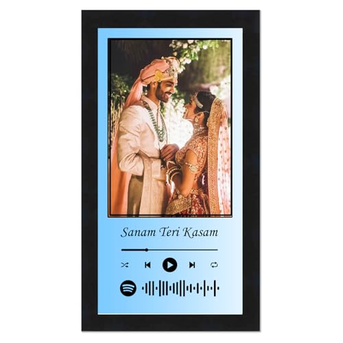 Image of Personalized Gift Musical Wall Rectangular Photo Frame - Customized Spotify Song With Scanable Barcode For Wedding And Couple Gifts - Size (6X12) Inch, Blue & White | 1 Piece Rectangle, Wood