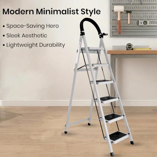 Image of Casa Copenhagen White 6 Step Ladder for Home Use with Built-in Tool Tray | Heavy Duty D Shape Rods | Ultra Large Platform | Wide Rubber Feet | 150Kg Capacity Foldable Ladder - 7 Years Warranty
