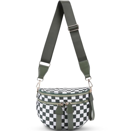 Image of hibear Checkered Crossbody Bag Spacious Bum Bags for Women Nylon Crossbody Fanny Packs Checkered Purse Belt Wallet (W-bean green)