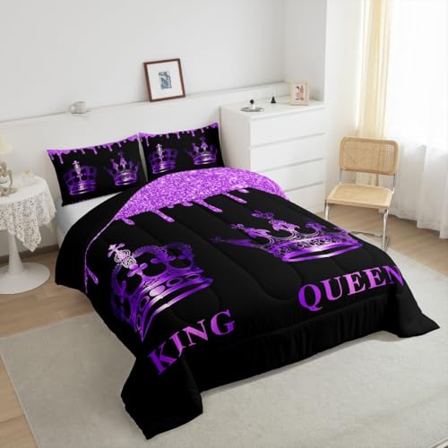 Image of Feelyou King Purple Crown King & Queen Bedding Set Anniversary Comforter Set for Adults Mr & Mrs Comforter Glitter Print Duvet Set Adult Microfiber Bed Set