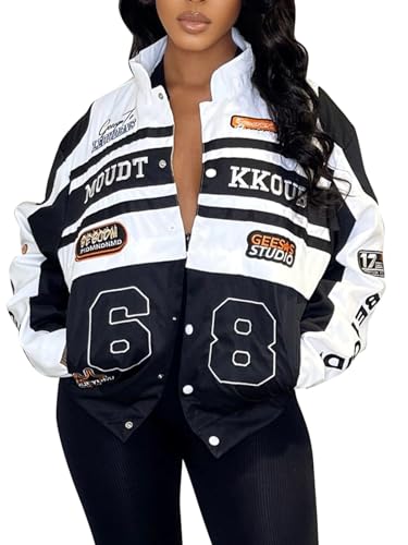 KANSOON Summer Motorcycle Jacket Bomber Button Down Varsity Letter Graphic Racer Jackets Contrast Color Skirts Sets Black XXL