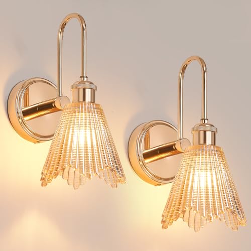 Image of Vikdio Wall Sconce Set of 2, Gold Vintage Light Fixtures with Long Amber Glass Lampshade, Hardwired Sconces Wall Lighting for Bedroom, Bathroom, Living Room | Includes 2 LED Bulbs