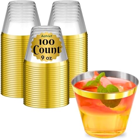 100 Count 9 oz Gold Rim Plastic Cups Tumblers, Disposable Cocktail Glasses Classy Punch Cups, Heavy Duty & Classy For Birthday/Wedding/Events, 9 Ounce Gold Cups Plastic Wine Glasses Reusable Bpa Free Cover