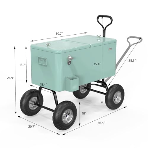 Image of VINGLI 80 Quart Wagon Rolling Cooler Ice Chest, w /Long Handle and 10 inch Wheels, Portable Beach Patio Party Bar Cold Drink Beverage, Outdoor Park Cart on Wheels