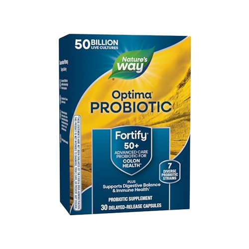 Natures Way Fortify Optima Probiotic for Adults 50+ 50 Billion Live Cultures Supports Digestive Balance Colon & Immune Health* No Refrigeration Needed 30 Capsules (Packaging May Vary)