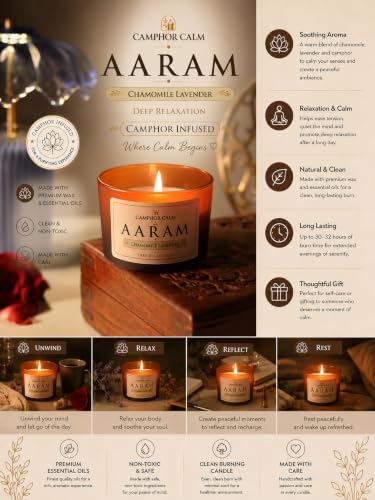 Image of Aaram | Camphor Infused Soy Wax Scented Candle | Chamomile & Lavender Fragrance | Premium Aromatherapy Candle | Home Fragrance