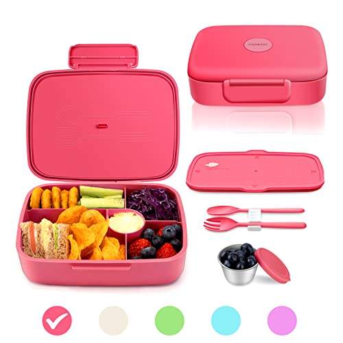 ANDMOON Bento Lunch Box with Kids/Adults, 5 Compartments Leakproof Lunch Container with Dressing Cup, Eco-Friendly Double Insulated Boxes, Dishwasher and Microwave Safe, BPA-Free (red)