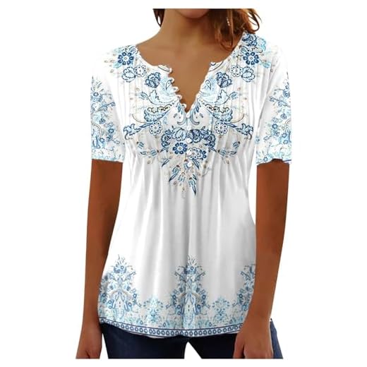 Chemisier Femme Chic et Élégant Manches Courtes Tshirt Chemisiers Et Blouses Grande Taille Imprimé Plissé Henley Tunique Tops Col V Blouse de Soie Boheme Haut Tunique Été Tee Shirt Femmes Solde