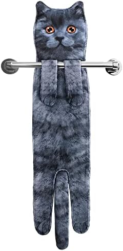 Cat Funny Hand Towels for Bathroom Kitchen - Cute Decorative Cat Decor Hanging Washcloths Face Towels Super Absorbent Soft- Valentines Day Mothers Day Housewarming Gift for Women Cat Lovers(BlueShort)