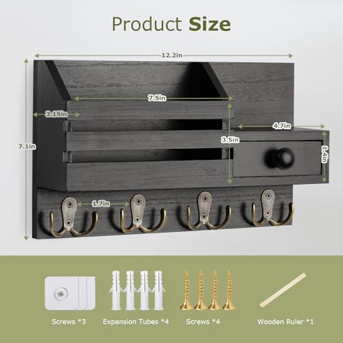 Image of Key Holder Wall Mount, Wooden Adhesive Mail and Key Organizer with Drawer, Small Shelf, 8 Hooks, 2 Installation Methods, Black