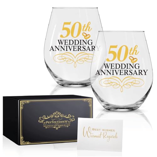 Perfectinsoy 50 Years Anniversary Wine Glass Set of 2, 50th Anniversary Golden Wedding Gift For Mom, Dad, Wife, Soulmate, Couple, Funny Vintage Unique 50 Years Gifts, Wedding Gifts