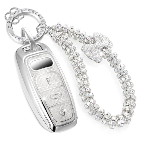 Image of Key Fob Cover for Audi, Rhinestone Wristlet Keychain Case, White