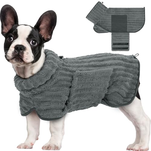 Woiil Hundebademantel aus Mikrofaser, Ultra Saugfähiger Bademantel Hund, Mit Klettverschluss Und Verstellbarem Gummizug, Maschinenwaschbar, Geeignet Für Große, Mittlere Und Kleine Hunde, Grau (M)