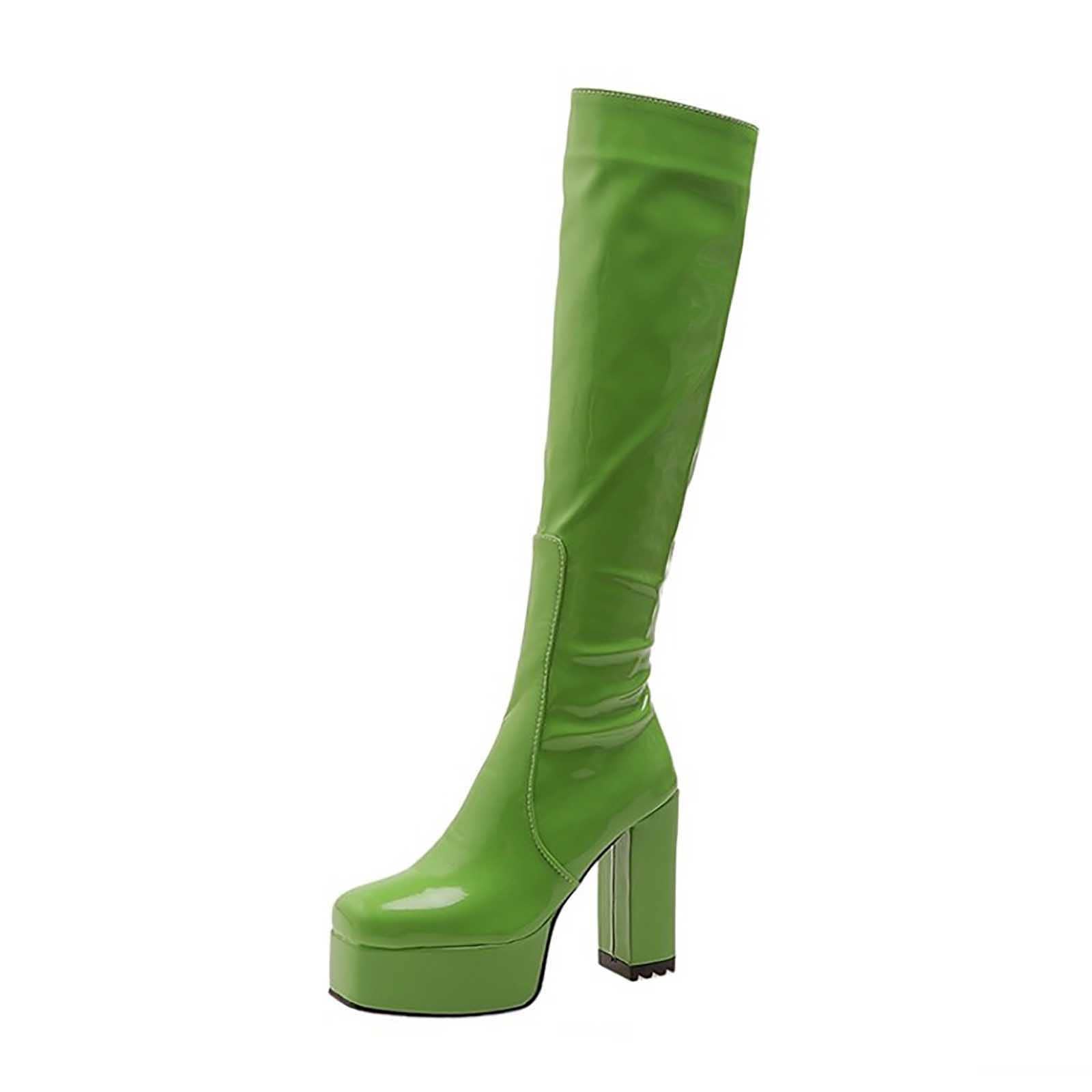 Women's Go Go Boots Chunky High Block Heel Knee High Boots Square Toe Retro 70s Platform Boots Fashi