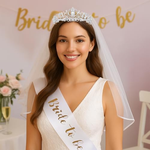 Bride To Be Schärpe Und Schleier,Jga Accessoires Frauen Junggesellenabschied Tiara,Bride To Be Deko, Jga Silber Bride Schärpe Krone Jga Für Bachelorette Party Accessories Polterabend Hochzeit,3 Stück