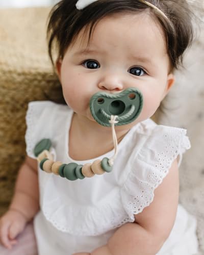 Image of Orthodontic Shape Silicone Pacifiers (Set of 2); 0 Months and up; 100% Food Grade Silicone, One Piece Design (Olive /Ocean) - Mila & Lulu
