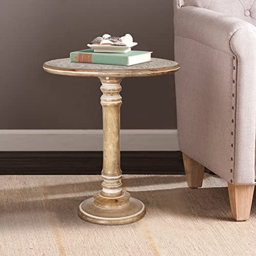 Single Pillar Round End Table Wooden, Modern Round Coffee Table, Rustic End Table, Wooden Coffee Table,Side Tables, Living Room End Table For Magazines, Books And Plants-18X22 Inch White Wash #TOP3