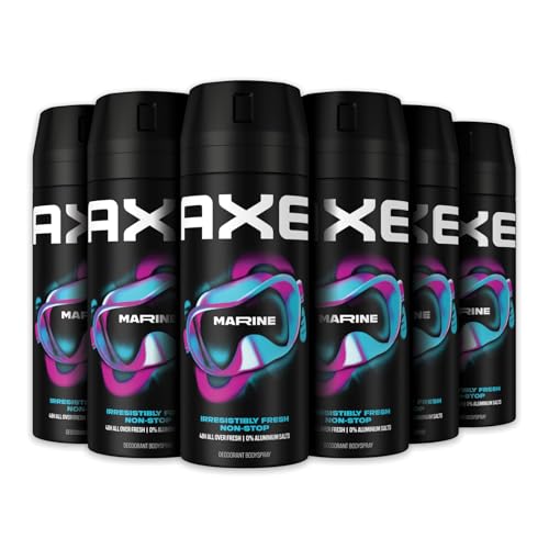 Axe Deodorante Uomo, Axe Marine, Freschezza Fino a 48h di Protezione, Deodorante Spray, Senza Sali di Alluminio, Adatto per Ascelle e Corpo*, Tecnologia Proteggi Odori, 6 Pezzi da 150 ml