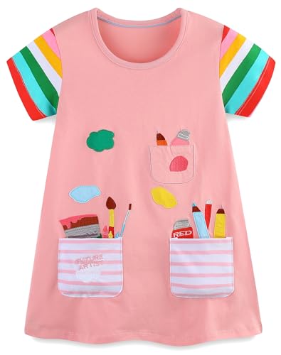 FreeLu Toddler Girl Clothes Cartoon Dress Casual Short Sleeves Dresses Cotton T-Shirt(8T,Painter Pink)