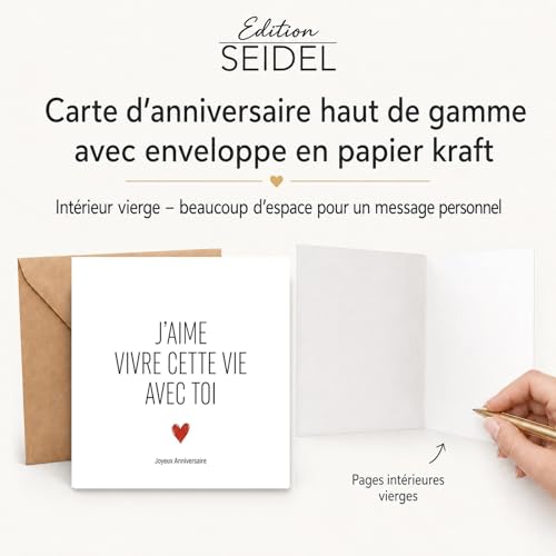 Edition Seidel Premium Carte d'anniversaire carrée avec enveloppe. Carte de vœux française Joyeux Anniversaire pour Hommes Femmes Partenaire Amies amour Cœur (GQ808 SW026) – vue 2